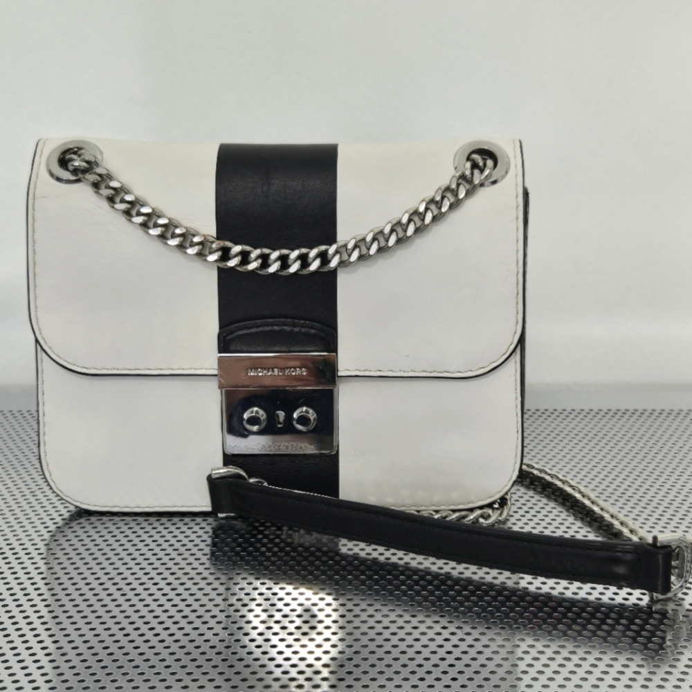 Michael Kors Sloan Editor Shoulder Bag White and Black Silver Hardware